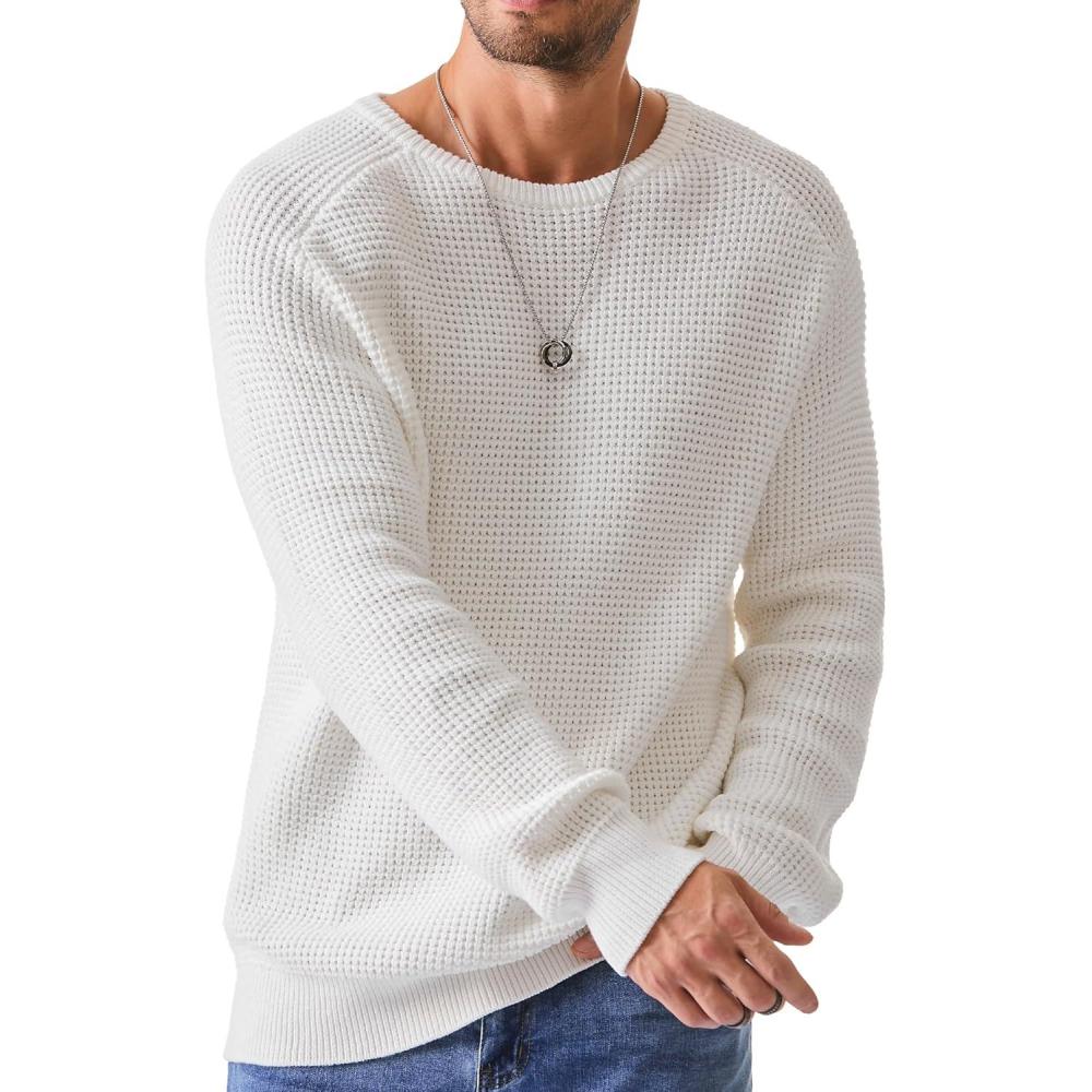 imageJMIERR Mens Crewneck Pullover Sweater Waffle Textured Knitted Sweaters Casual Loose Fit Sweaters with Ribbing Edge01 White