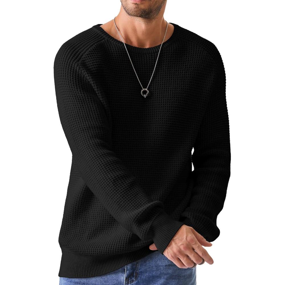 imageJMIERR Mens Crewneck Pullover Sweater Waffle Textured Knitted Sweaters Casual Loose Fit Sweaters with Ribbing Edge02 Black