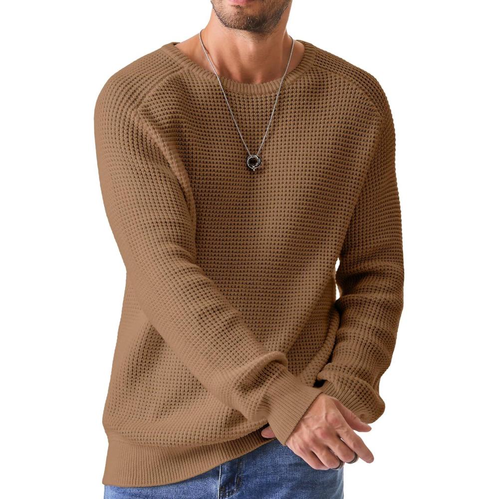 imageJMIERR Mens Crewneck Pullover Sweater Waffle Textured Knitted Sweaters Casual Loose Fit Sweaters with Ribbing Edge06 Khaki