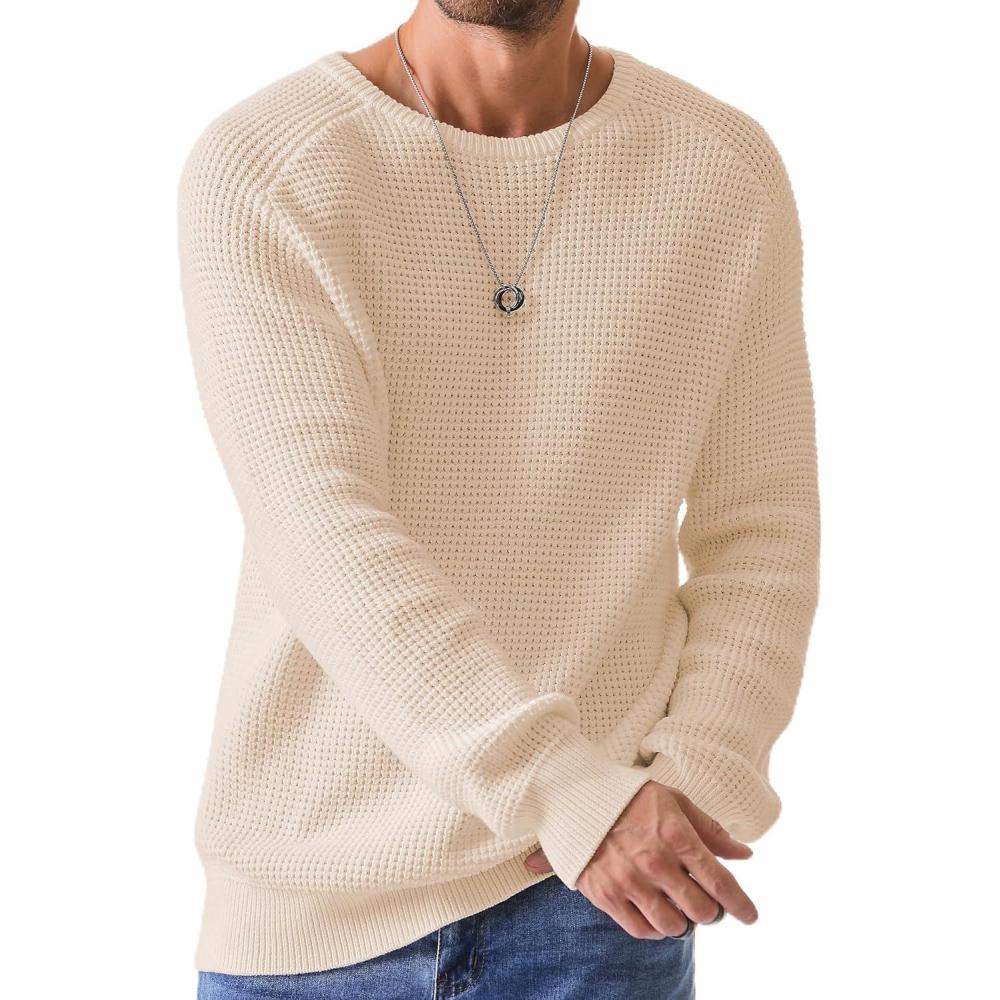 imageJMIERR Mens Crewneck Pullover Sweater Waffle Textured Knitted Sweaters Casual Loose Fit Sweaters with Ribbing Edge07 Apricot