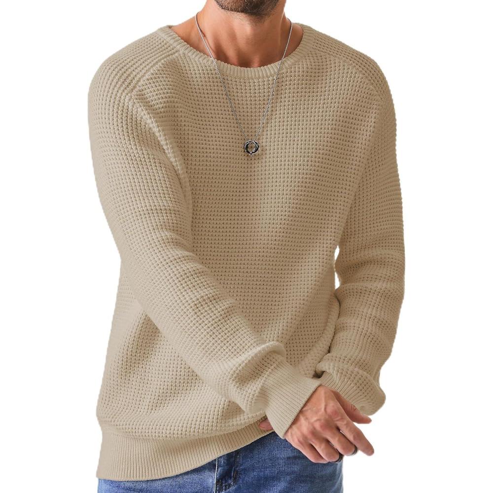 imageJMIERR Mens Crewneck Pullover Sweater Waffle Textured Knitted Sweaters Casual Loose Fit Sweaters with Ribbing Edge08 Light Khaki