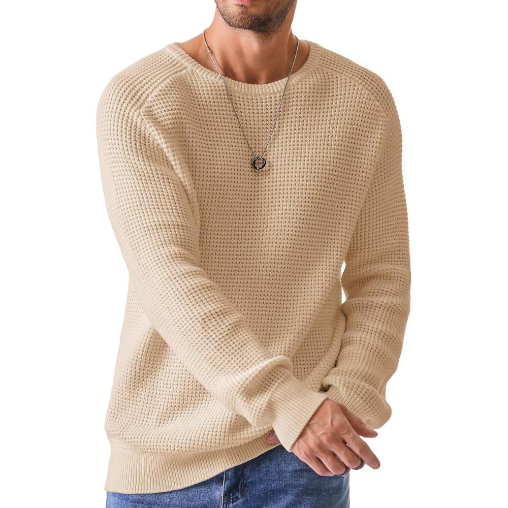 imageJMIERR Mens Crewneck Pullover Sweater Waffle Textured Knitted Sweaters Casual Loose Fit Sweaters with Ribbing EdgeCream
