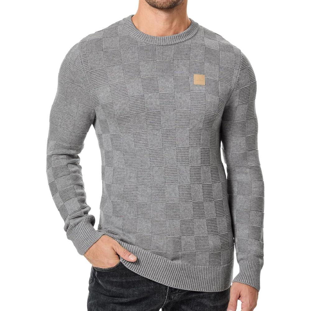 imageJMIERR Mens Crewneck Sweater Casual Fall Checkered Long Sleeve Knit Pullover SweatersLight Grey