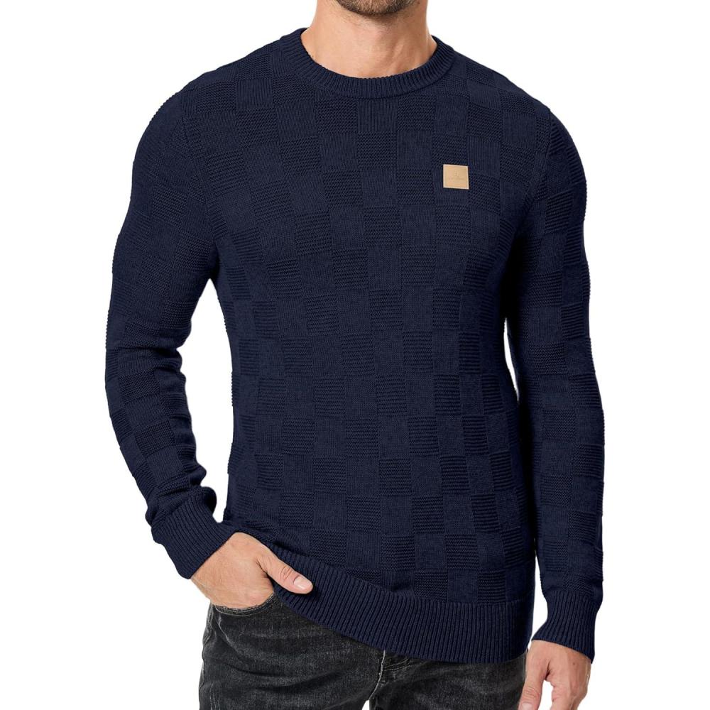 imageJMIERR Mens Crewneck Sweater Casual Fall Checkered Long Sleeve Knit Pullover SweatersNavy Blue
