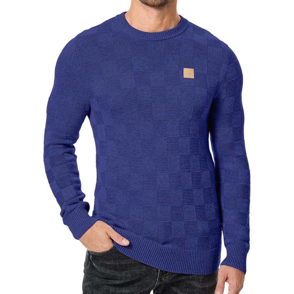 imageJMIERR Mens Crewneck Sweater Casual Fall Checkered Long Sleeve Knit Pullover SweatersRoyal Blue