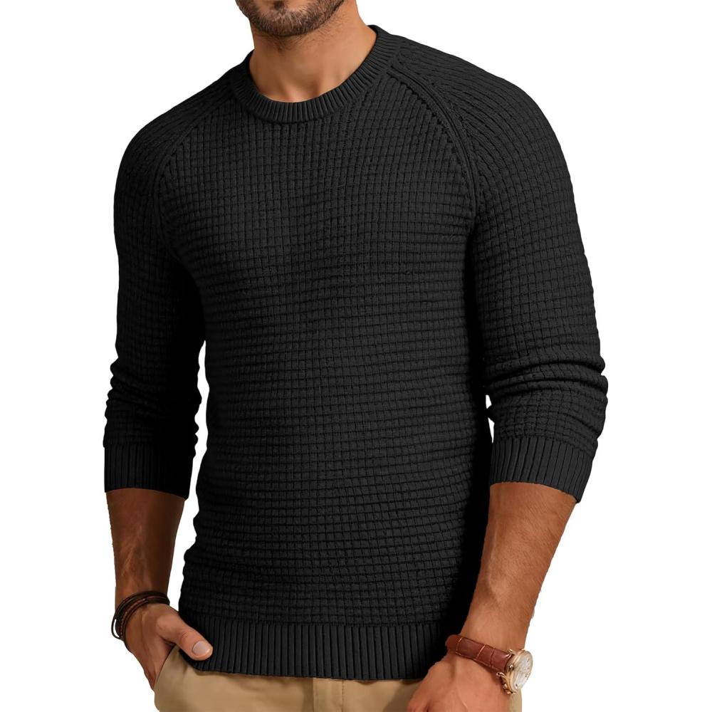 imageJMIERR Mens Crewneck Sweater Waffle Textured Knitted Solid Pullover Casual Daily Wear Soft 2025 Fashion PulloversBlack