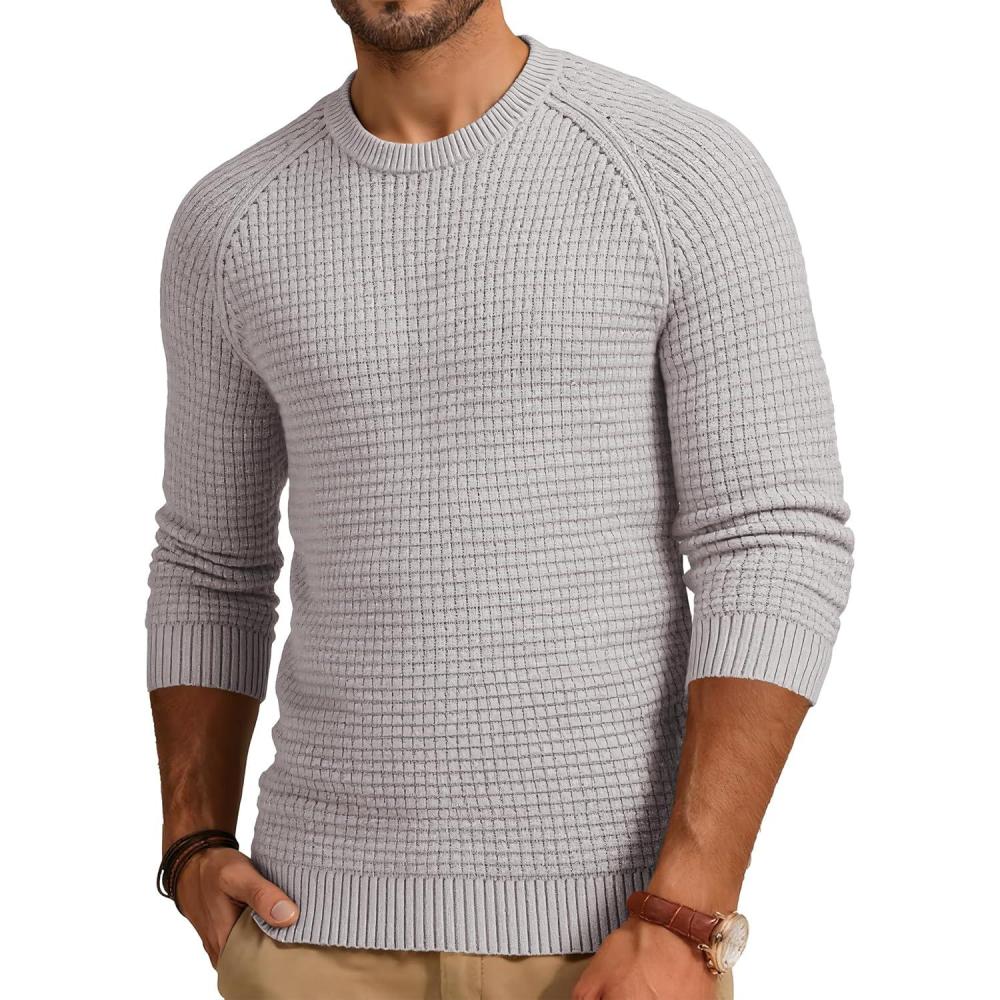 imageJMIERR Mens Crewneck Sweater Waffle Textured Knitted Solid Pullover Casual Daily Wear Soft 2025 Fashion PulloversLight Grey