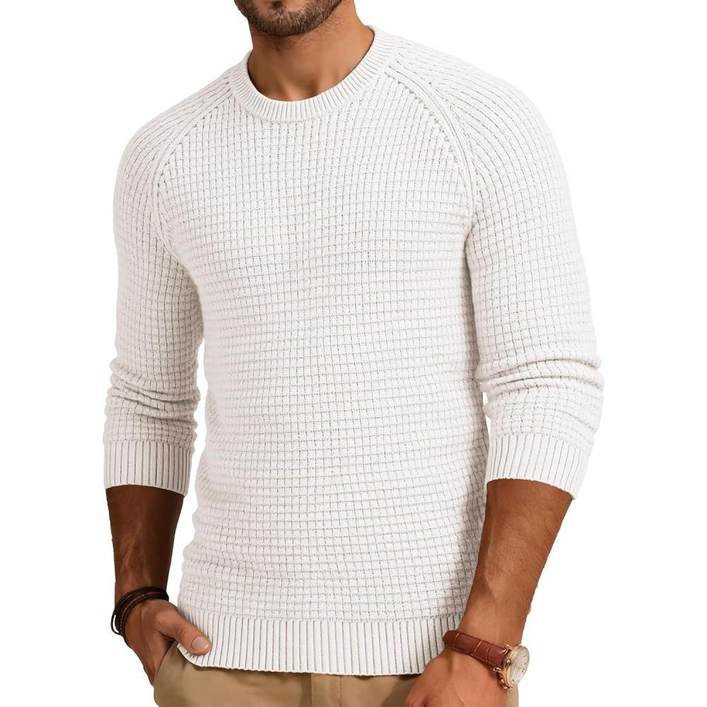 imageJMIERR Mens Crewneck Sweater Waffle Textured Knitted Solid Pullover Casual Daily Wear Soft 2025 Fashion PulloversOffwhite