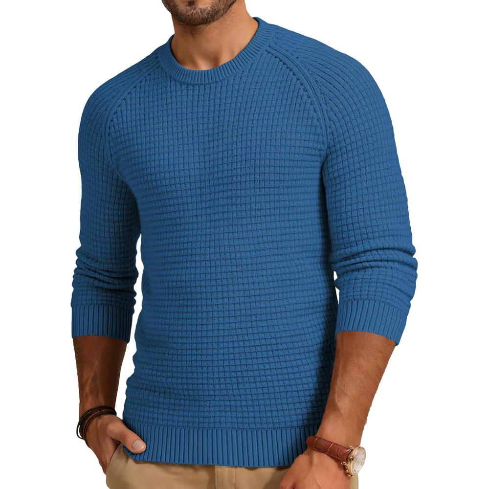 imageJMIERR Mens Crewneck Sweater Waffle Textured Knitted Solid Pullover Casual Daily Wear Soft 2025 Fashion PulloversPrussian Blue