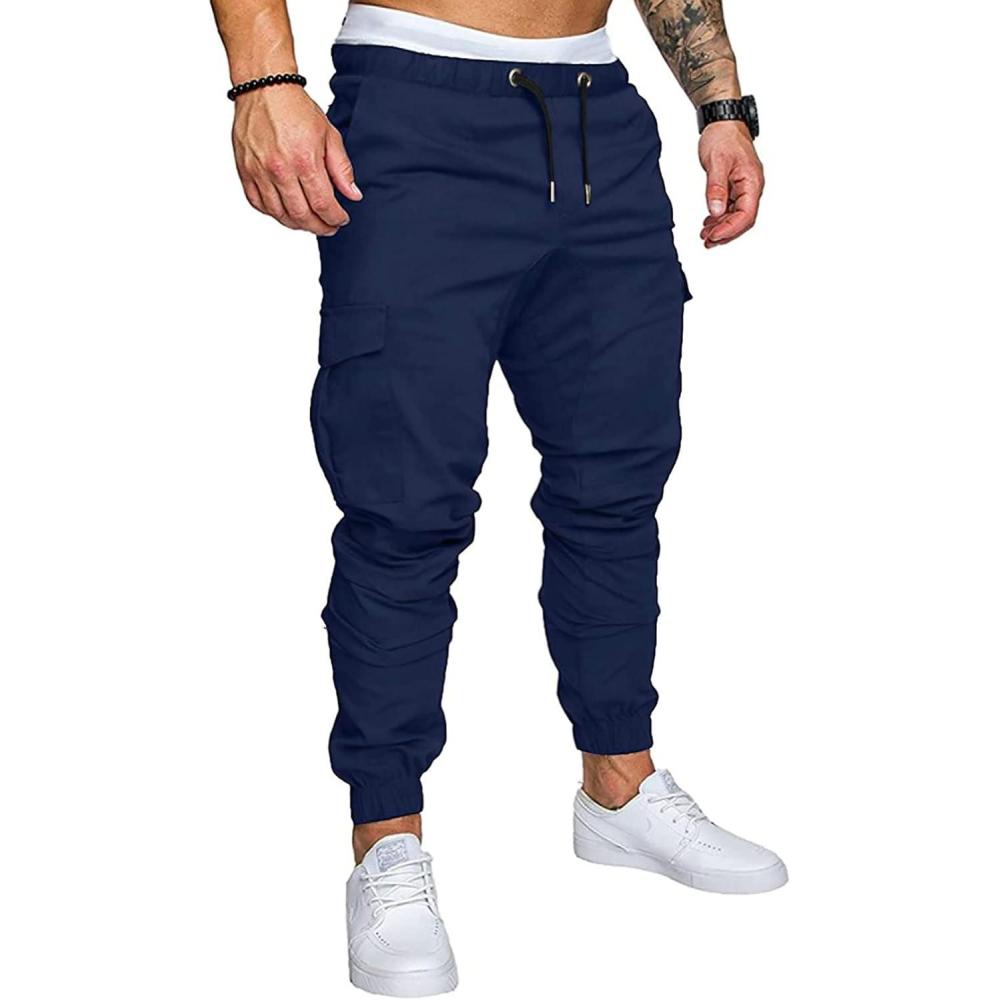 imageJMIERR Mens Fashion Cargo Pants  Casual Cotton Tapered Stretch Twill Drawstring Athletic Joggers Sweatpants with 6 PocketsA Blue