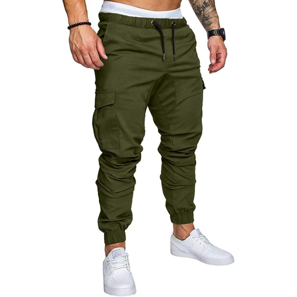imageJMIERR Mens Fashion Cargo Pants  Casual Cotton Tapered Stretch Twill Drawstring Athletic Joggers Sweatpants with 6 PocketsA Green 1