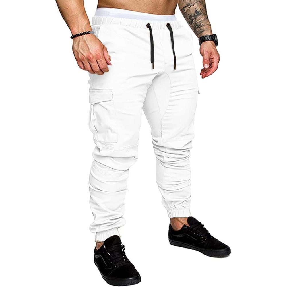 imageJMIERR Mens Fashion Cargo Pants  Casual Cotton Tapered Stretch Twill Drawstring Athletic Joggers Sweatpants with 6 PocketsA White