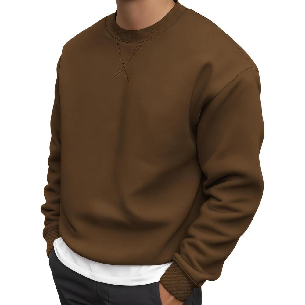 imageJMIERR Mens Fleece Crewneck Sweatshirt Casual Long Sleeves Cotton Warm Basic Pullover Fashion ShirtsBrown