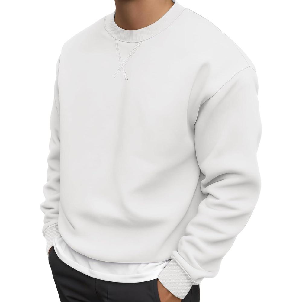 imageJMIERR Mens Fleece Crewneck Sweatshirt Casual Long Sleeves Cotton Warm Basic Pullover Fashion ShirtsWhite