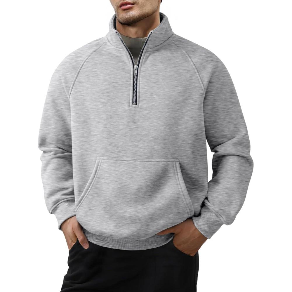 imageJMIERR Mens Fleece Quarter Zip Pullover Sweater Casual Cotton Fall Winter Family Outfit Warm Mock Neck with Pockets1 Grey