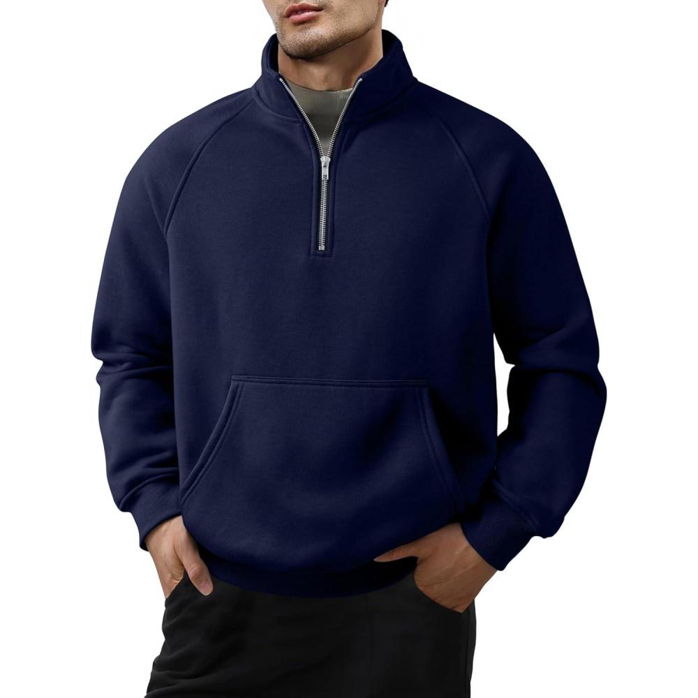 imageJMIERR Mens Fleece Quarter Zip Pullover Sweater Casual Cotton Fall Winter Family Outfit Warm Mock Neck with PocketsA Blue