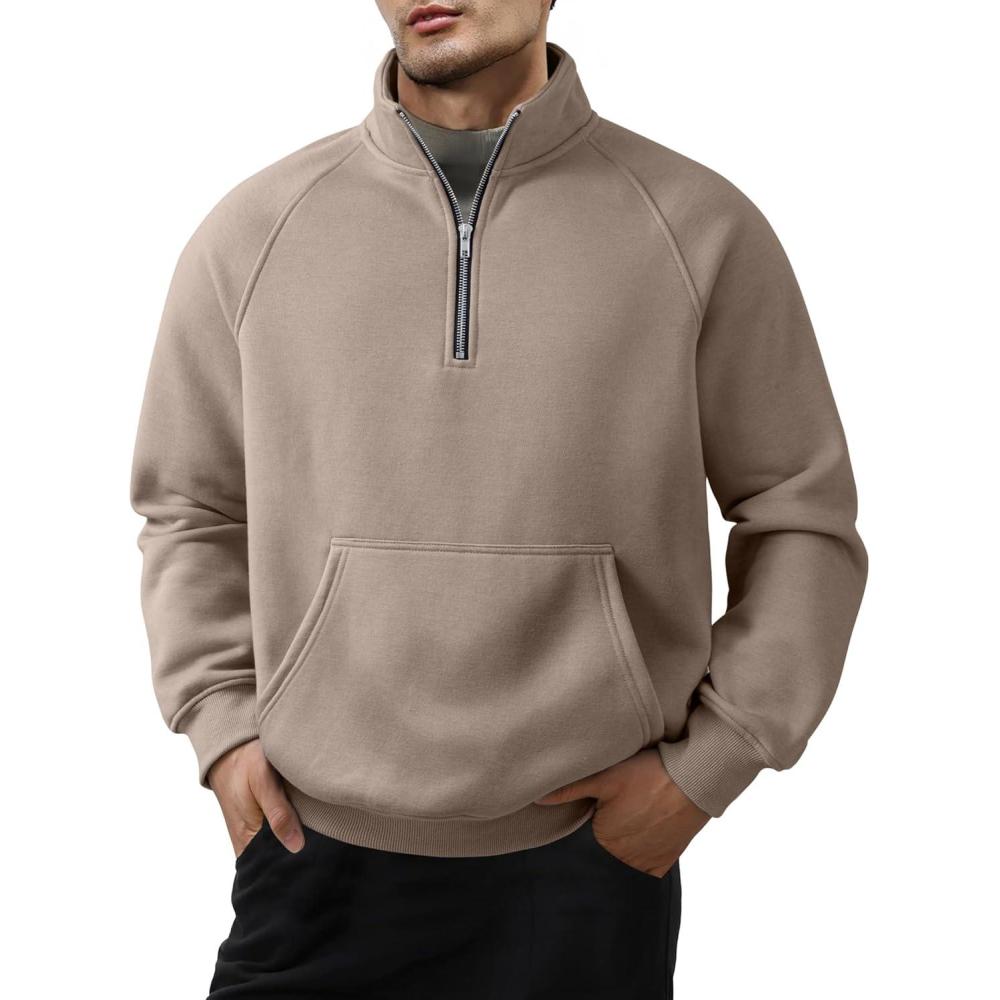 imageJMIERR Mens Fleece Quarter Zip Pullover Sweater Casual Cotton Fall Winter Family Outfit Warm Mock Neck with PocketsB Dark Beige