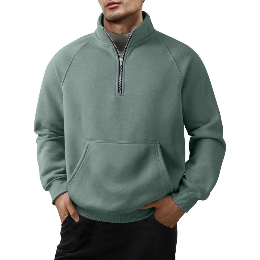 imageJMIERR Mens Fleece Quarter Zip Pullover Sweater Casual Cotton Fall Winter Family Outfit Warm Mock Neck with PocketsB Green 01