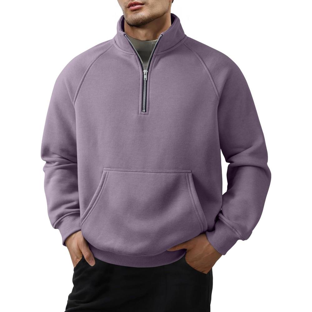imageJMIERR Mens Fleece Quarter Zip Pullover Sweater Casual Cotton Fall Winter Family Outfit Warm Mock Neck with PocketsB Purple