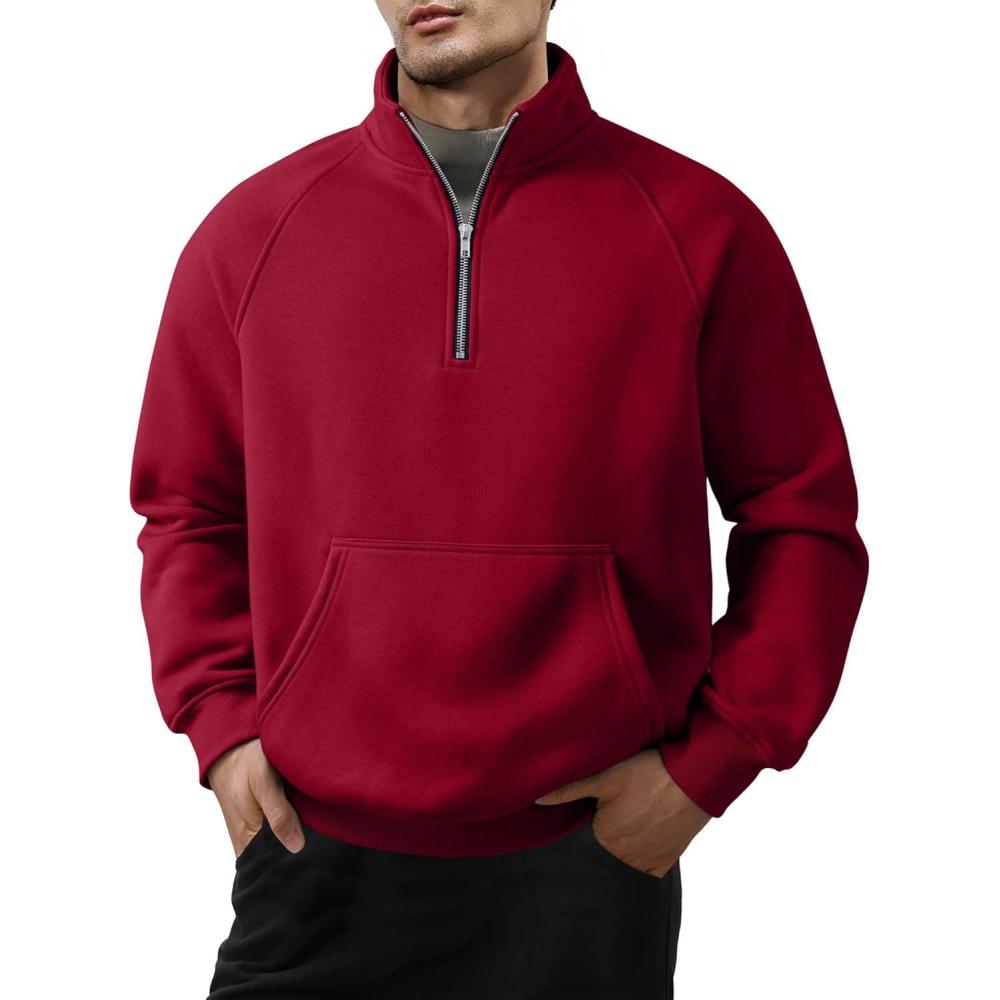 imageJMIERR Mens Fleece Quarter Zip Pullover Sweater Casual Cotton Fall Winter Family Outfit Warm Mock Neck with PocketsB Red
