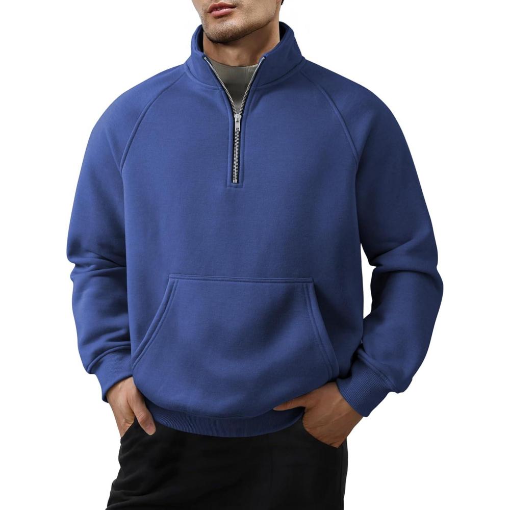imageJMIERR Mens Fleece Quarter Zip Pullover Sweater Casual Cotton Fall Winter Family Outfit Warm Mock Neck with PocketsC Blue 01