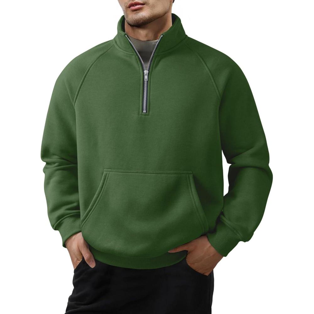 imageJMIERR Mens Fleece Quarter Zip Pullover Sweater Casual Cotton Fall Winter Family Outfit Warm Mock Neck with PocketsC Green