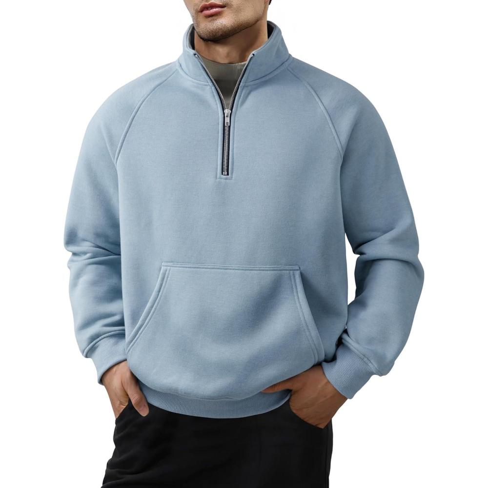 imageJMIERR Mens Fleece Quarter Zip Pullover Sweater Casual Cotton Fall Winter Family Outfit Warm Mock Neck with PocketsC Light Blue
