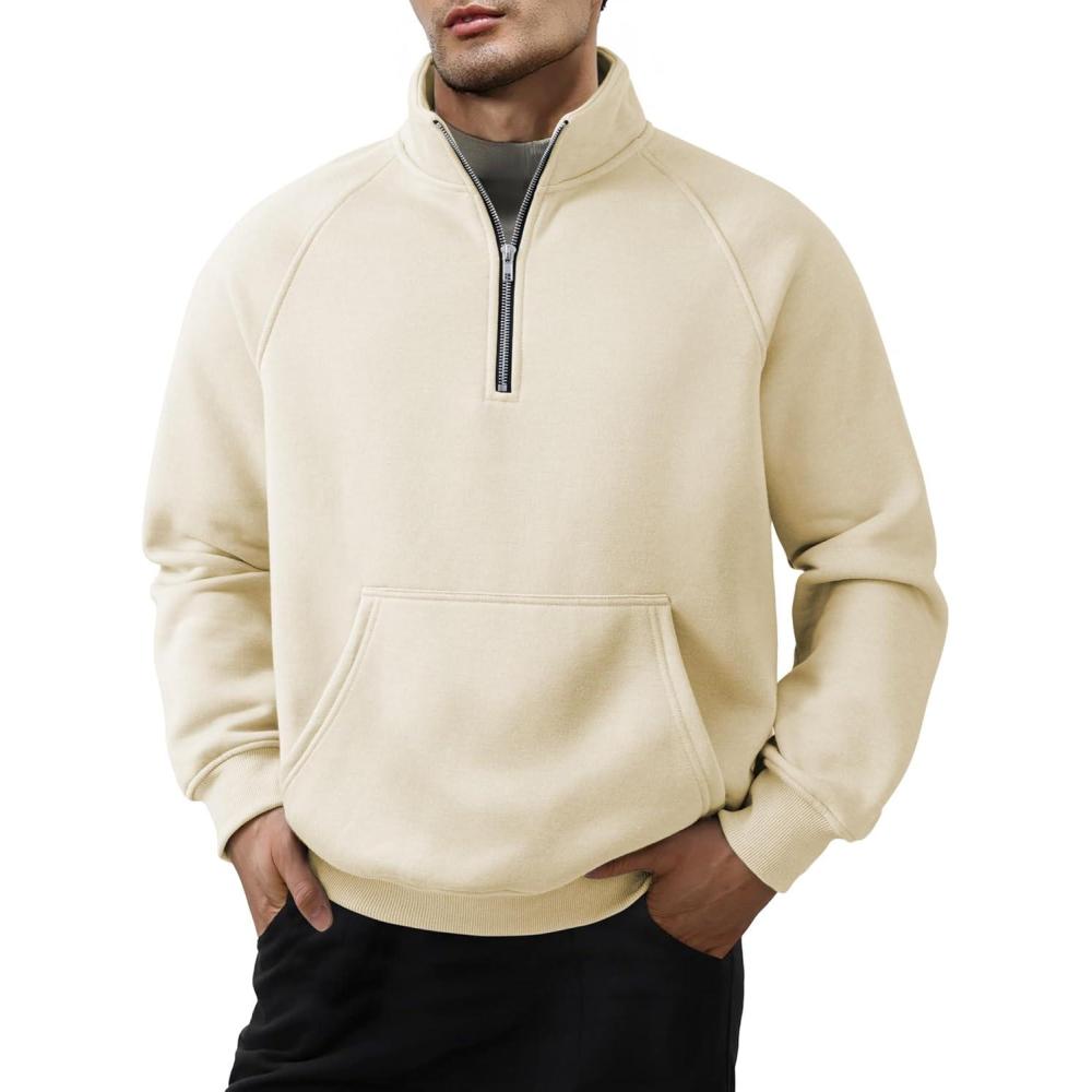 imageJMIERR Mens Fleece Quarter Zip Pullover Sweater Casual Cotton Fall Winter Family Outfit Warm Mock Neck with PocketsC Offwhite