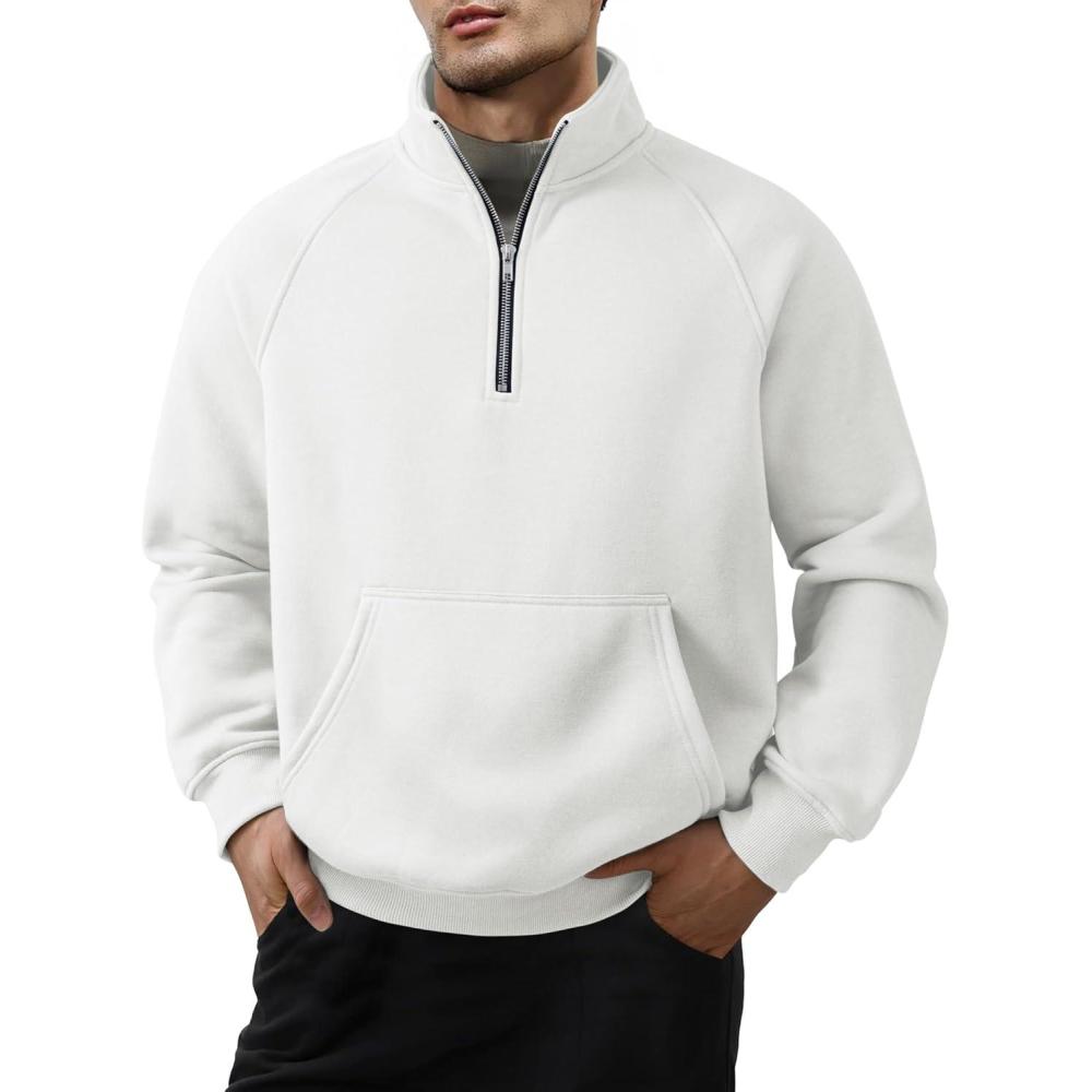 imageJMIERR Mens Fleece Quarter Zip Pullover Sweater Casual Cotton Fall Winter Family Outfit Warm Mock Neck with PocketsC White