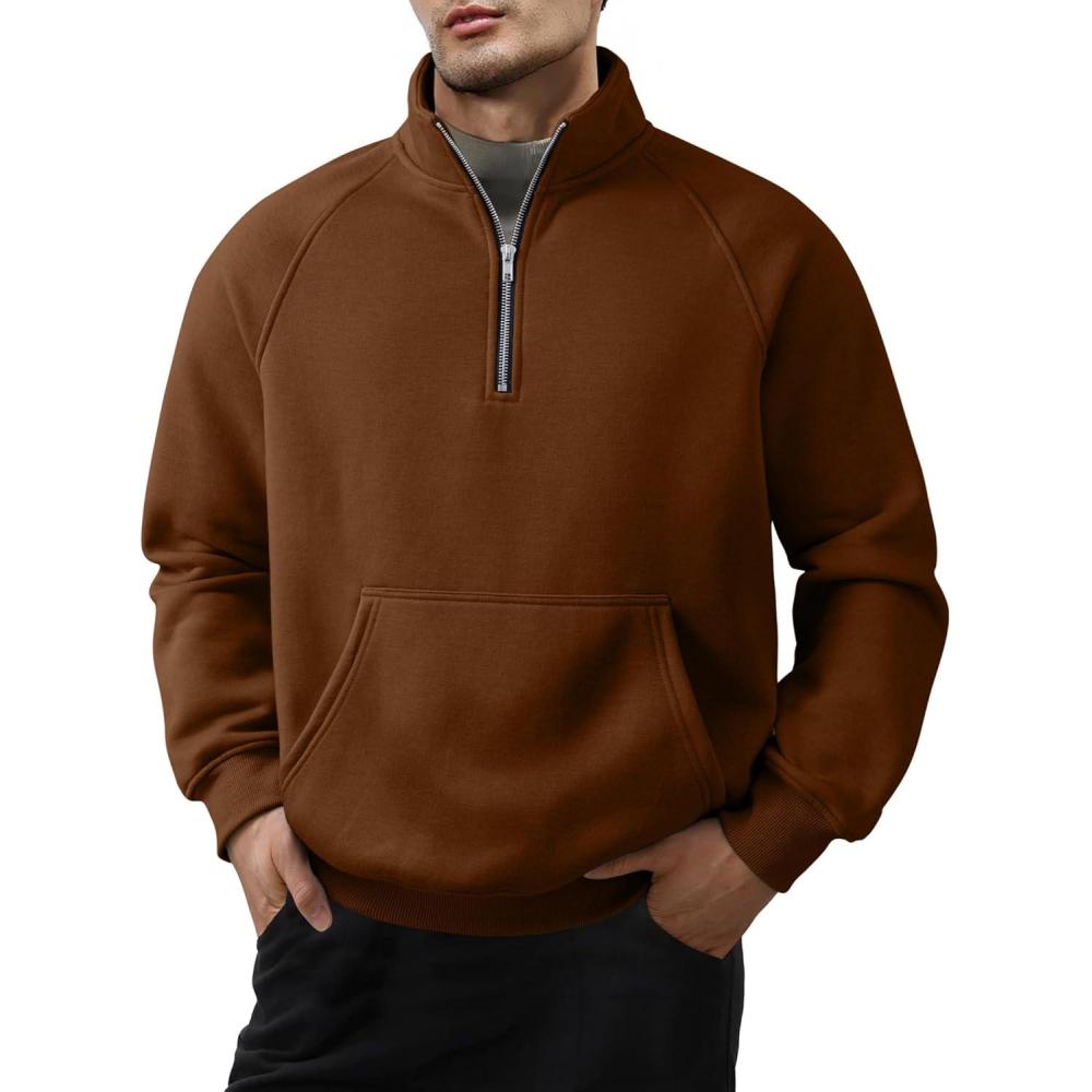 imageJMIERR Mens Fleece Quarter Zip Pullover Sweater Casual Cotton Fall Winter Family Outfit Warm Mock Neck with PocketsD Brown