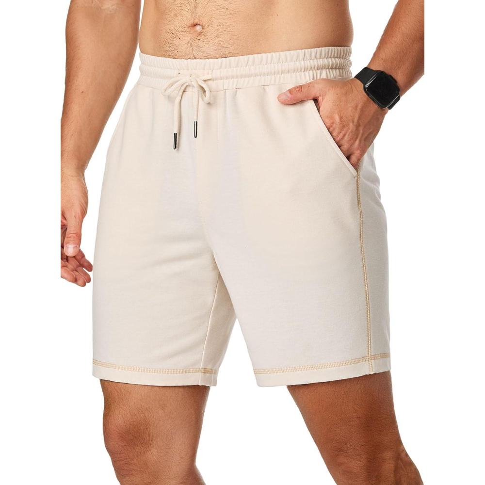 imageJMIERR Mens Gym Shorts Cotton 7quot Running Comfy Workout Shorts Zipper Pocket Sweat ShortsD Beige