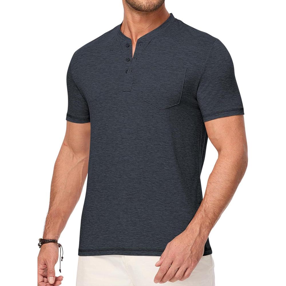imageJMIERR Mens Henley Shirts Short Sleeve Casual Basic Button Up Tees Pocket T Shirts for MenDark Grey