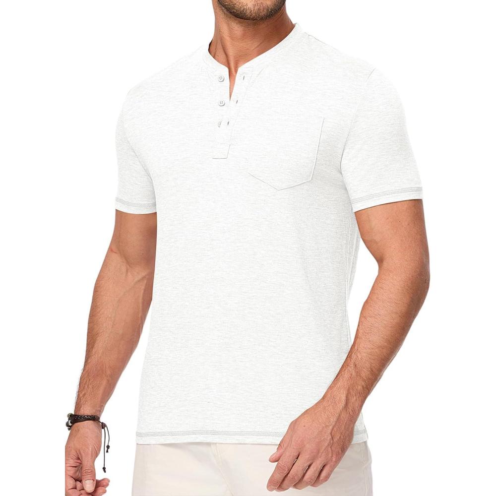 imageJMIERR Mens Henley Shirts Short Sleeve Casual Basic Button Up Tees Pocket T Shirts for MenWhite