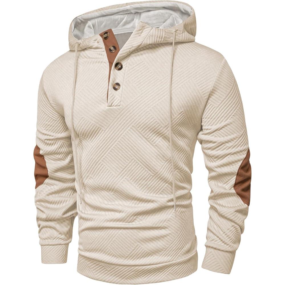 imageJMIERR Mens Hoodies Fall Casual Cotton Textured Long Sleeve Half Button Pullover Hooded SweatshirtsBeige