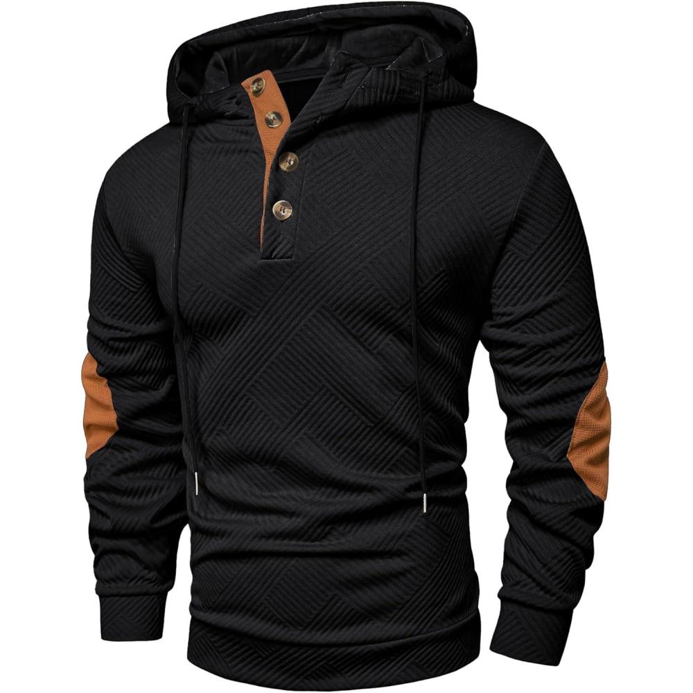 imageJMIERR Mens Hoodies Fall Casual Cotton Textured Long Sleeve Half Button Pullover Hooded SweatshirtsBlack