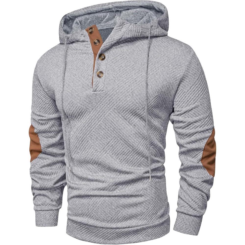 imageJMIERR Mens Hoodies Fall Casual Cotton Textured Long Sleeve Half Button Pullover Hooded SweatshirtsGrey