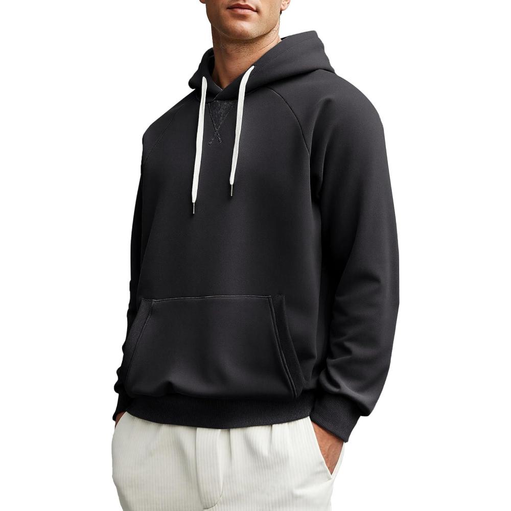 imageJMIERR Mens Hoodies Sweatshirt Casual Ribbed Vstitch Neckline Solid Drawstring Pullover Sweatshirts 2025 Fall FasionBlack