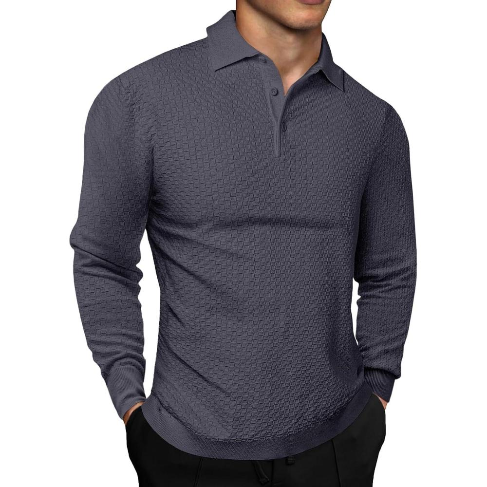 imageJMIERR Mens Knit Polo Shirts Casual Button Down Long Sleeve Dress Shirts Winter Lightweight Pullover SweaterDark Grey