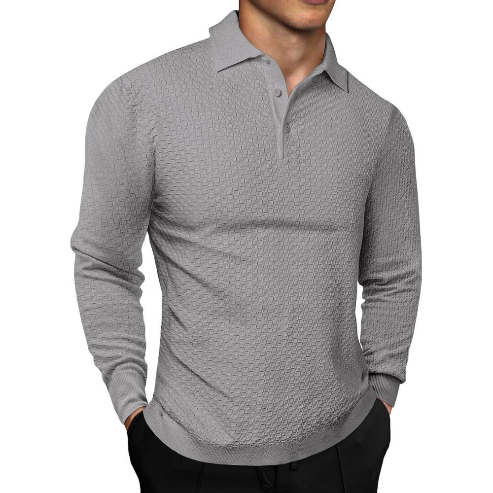 imageJMIERR Mens Knit Polo Shirts Casual Button Down Long Sleeve Dress Shirts Winter Lightweight Pullover SweaterGrey