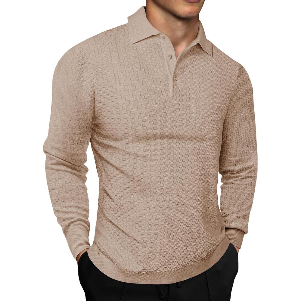 imageJMIERR Mens Knit Polo Shirts Casual Button Down Long Sleeve Dress Shirts Winter Lightweight Pullover SweaterLight Khaki