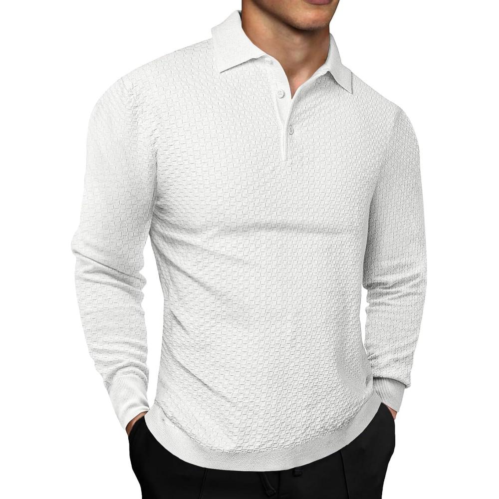 imageJMIERR Mens Knit Polo Shirts Casual Button Down Long Sleeve Dress Shirts Winter Lightweight Pullover SweaterWhite