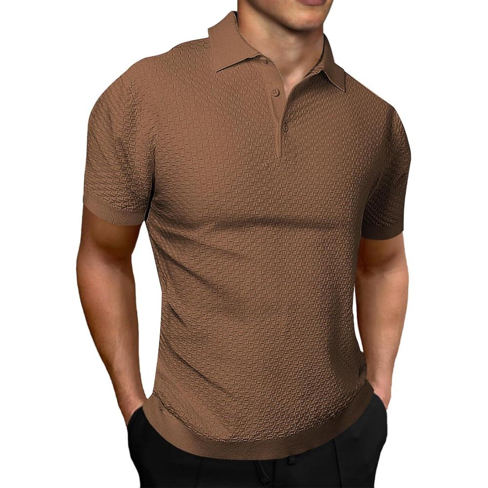 imageJMIERR Mens Knit Polo Shirts Classic Button Basic Textured T Shirts Casual Slim Fit Short Sleeve Summer Golf Tee ShirtBrown