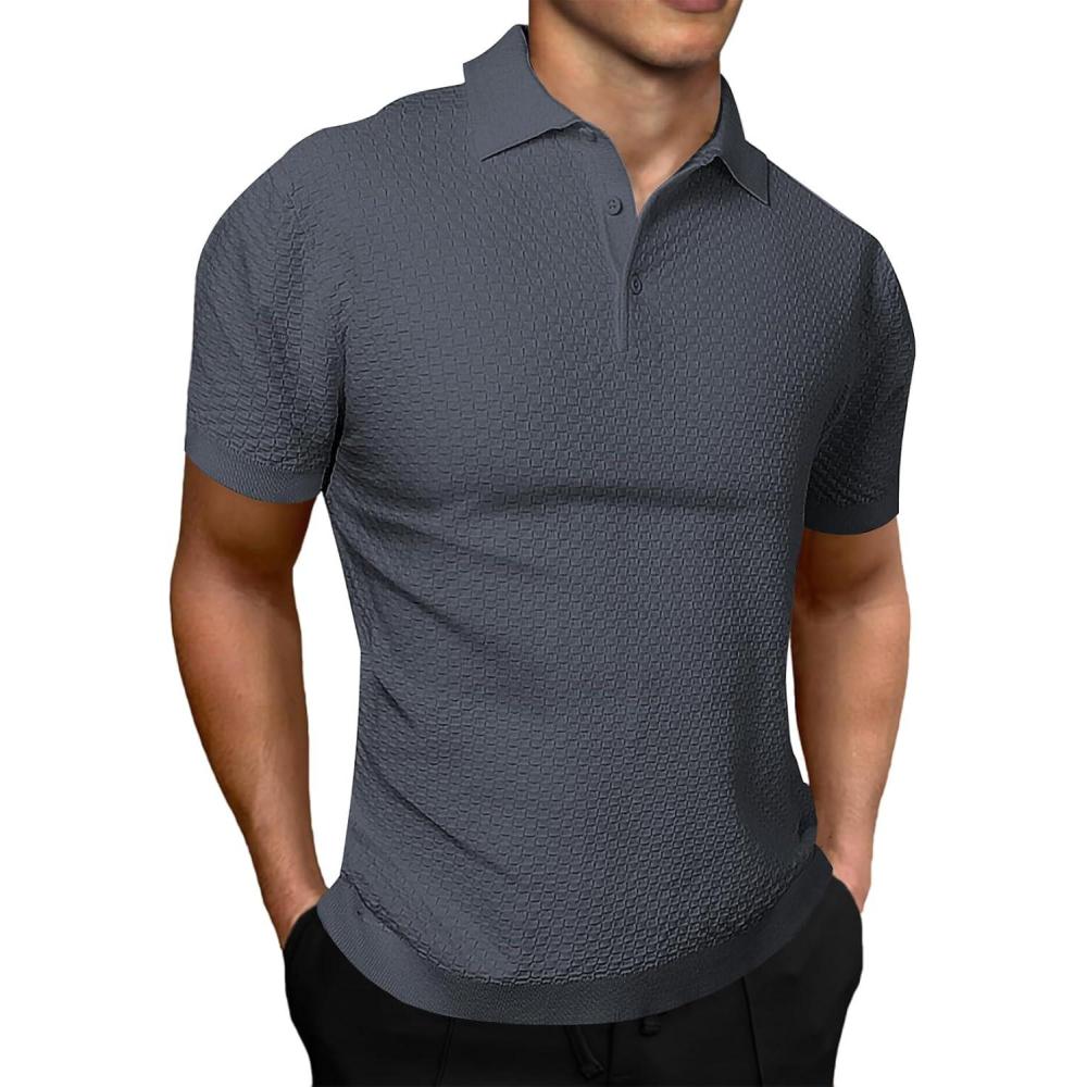 imageJMIERR Mens Knit Polo Shirts Classic Button Basic Textured T Shirts Casual Slim Fit Short Sleeve Summer Golf Tee ShirtDark Gray