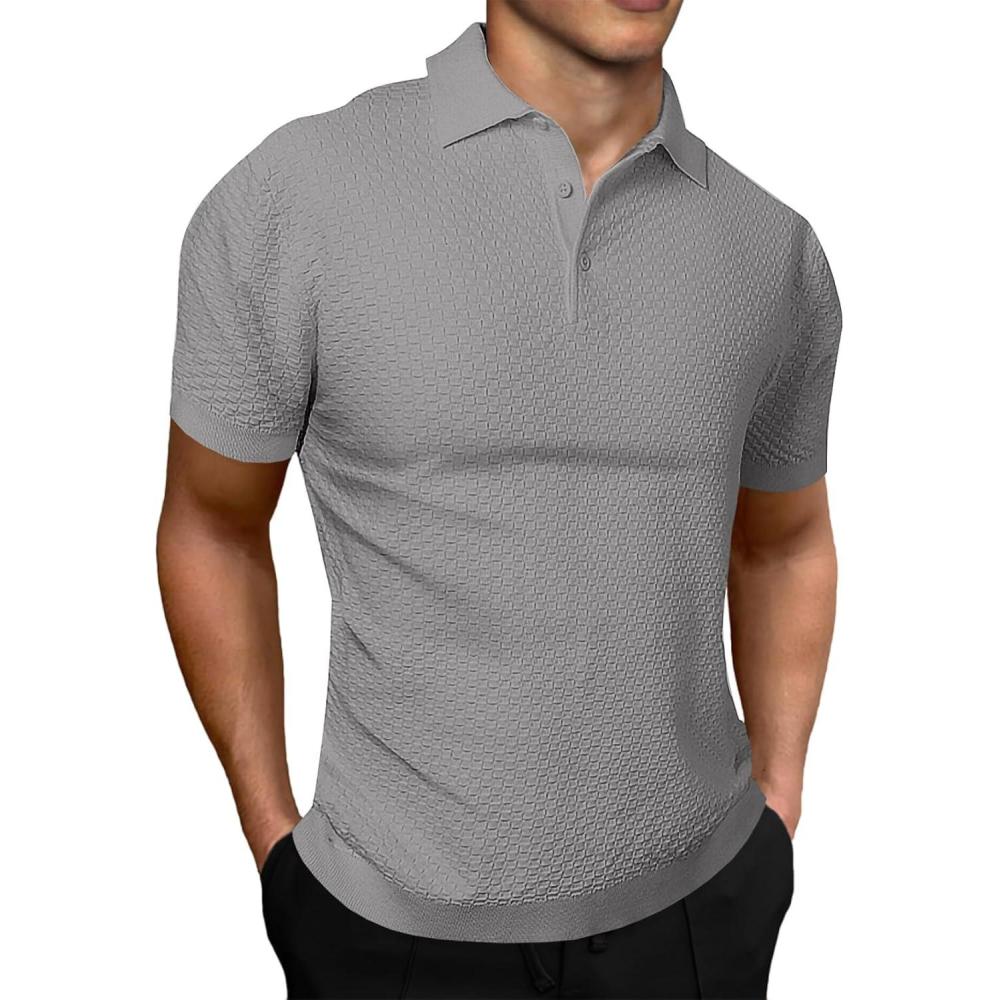 imageJMIERR Mens Knit Polo Shirts Classic Button Basic Textured T Shirts Casual Slim Fit Short Sleeve Summer Golf Tee ShirtGrey