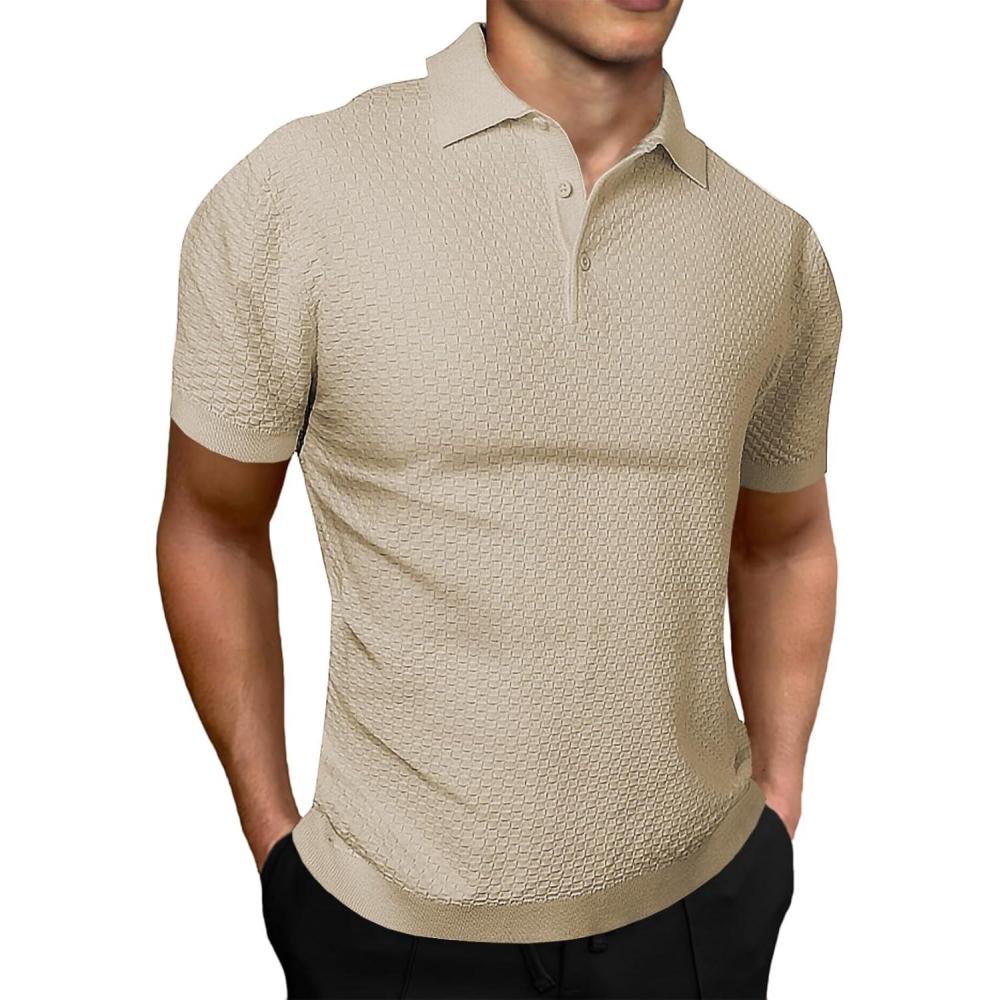 imageJMIERR Mens Knit Polo Shirts Classic Button Basic Textured T Shirts Casual Slim Fit Short Sleeve Summer Golf Tee ShirtKhaki