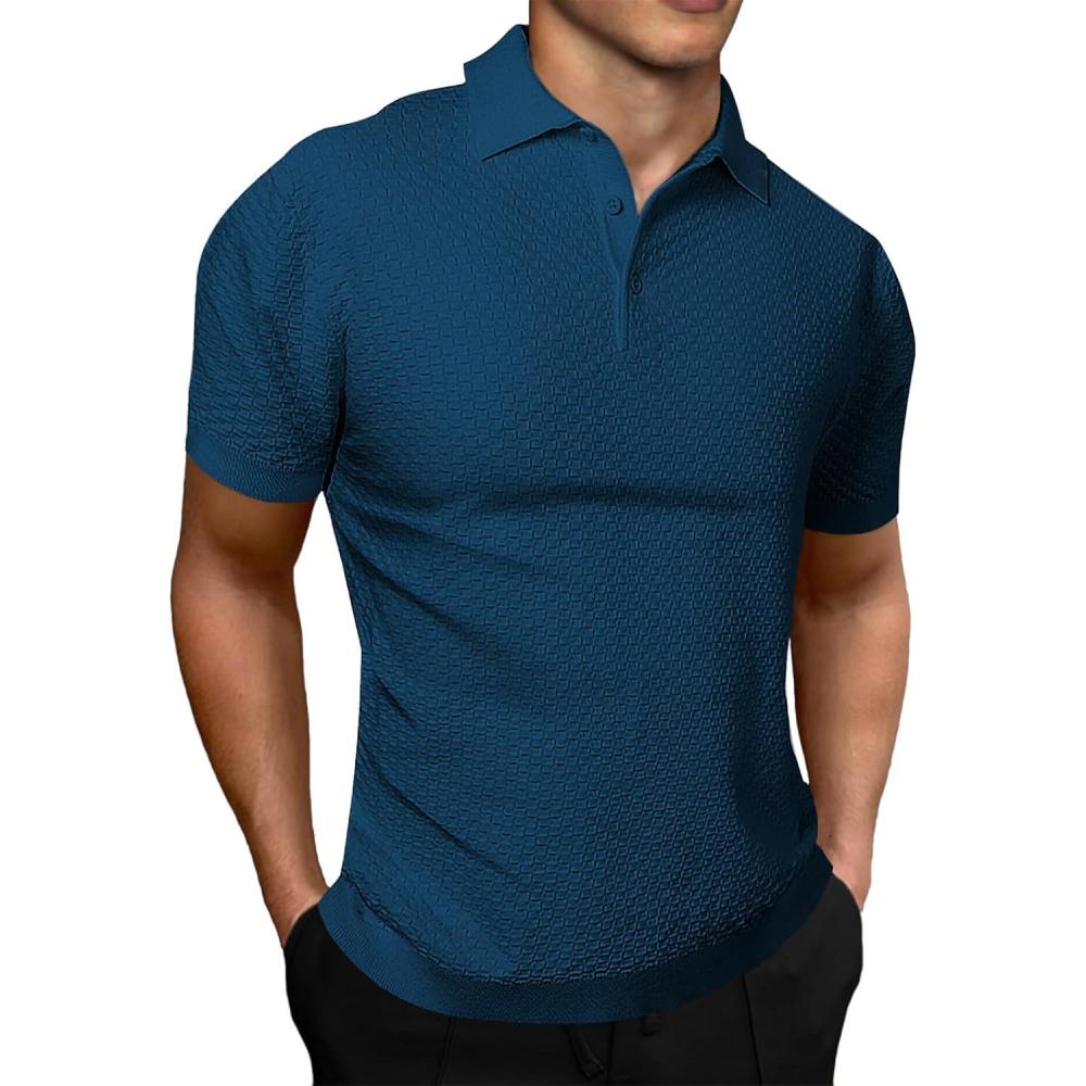 imageJMIERR Mens Knit Polo Shirts Classic Button Basic Textured T Shirts Casual Slim Fit Short Sleeve Summer Golf Tee ShirtPrussian Blue
