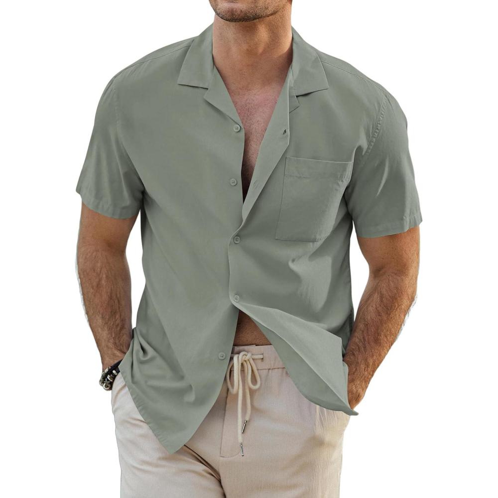 imageJMIERR Mens Linen Shirts Casual Short Sleeve Button Down Shirts Wrinkle Free Vacation Beach Summer TopsGrey
