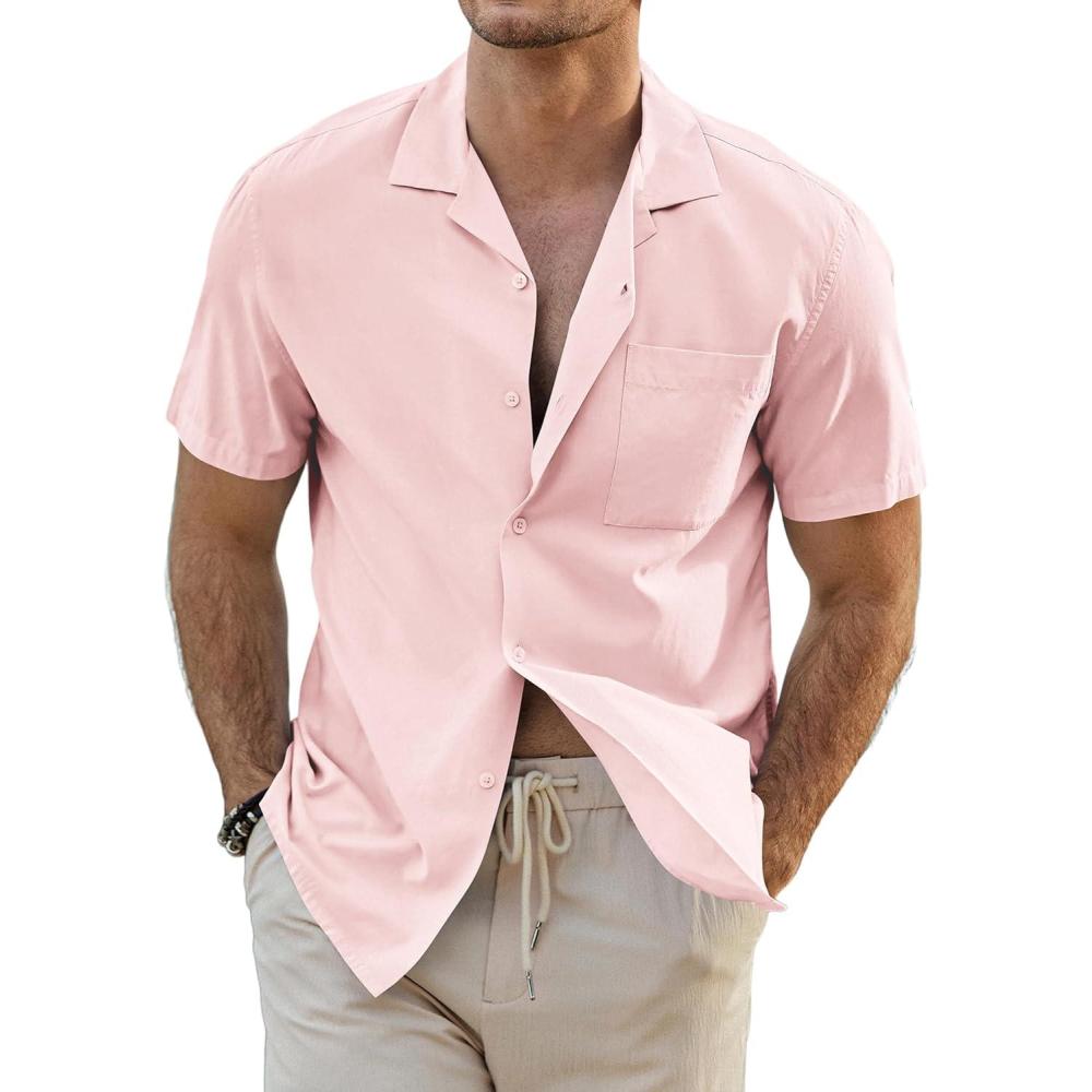 imageJMIERR Mens Linen Shirts Casual Short Sleeve Button Down Shirts Wrinkle Free Vacation Beach Summer TopsLight Pink