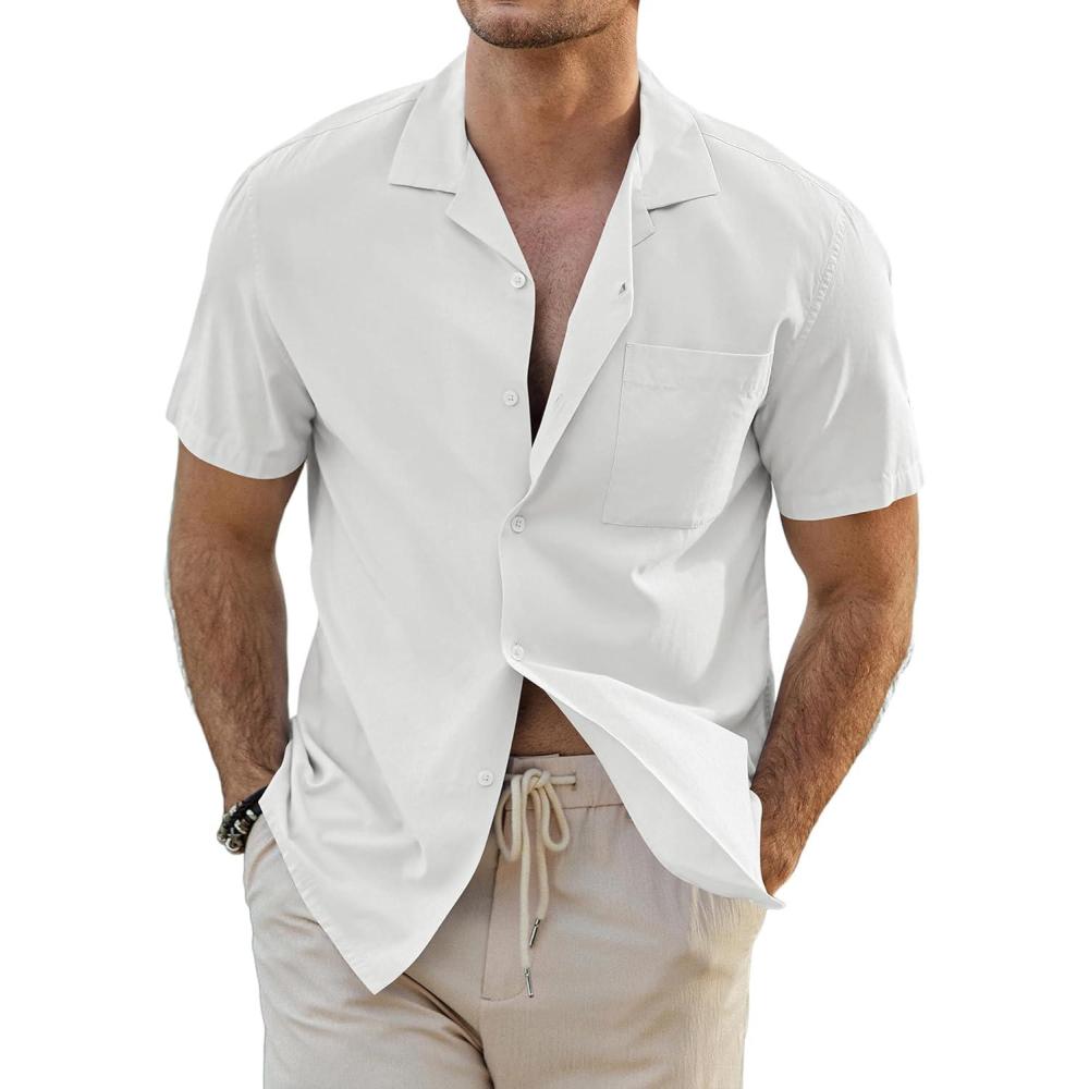 imageJMIERR Mens Linen Shirts Casual Short Sleeve Button Down Shirts Wrinkle Free Vacation Beach Summer TopsWhite