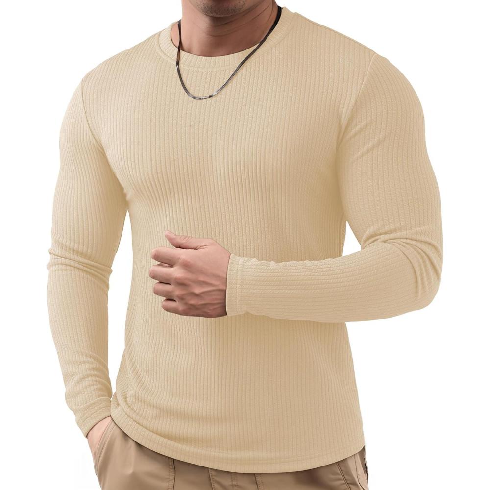 imageJMIERR Mens Long Sleeve Muscle T Shirts Casual Crewneck Knitted Longline Textured Tee Shirts for Gym WorkoutBrown